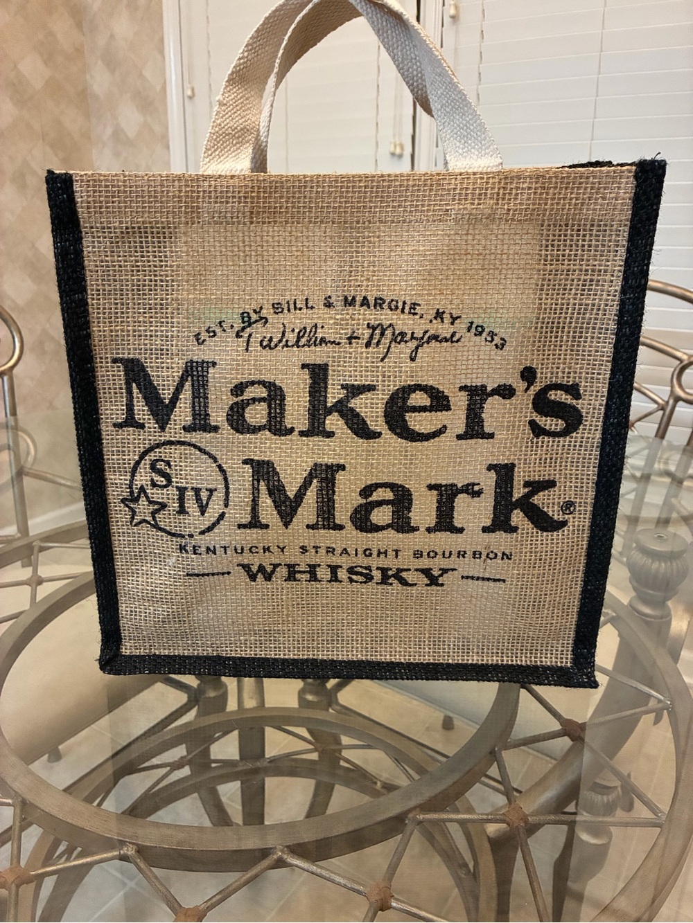 Maker's Mark Natural Jute Tote with Black Trim and Cream Handles, New